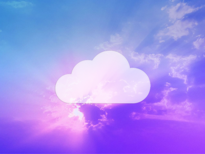 A transparent cloud icon in front of a cloudy blue and purple sky.
