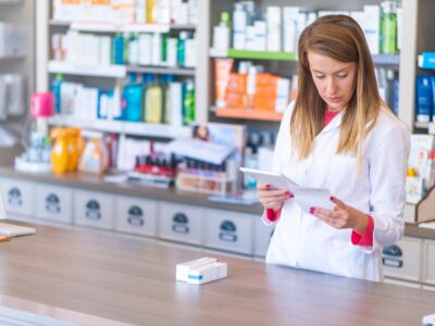 A young female pharmacist looking at a tablet and prescription.