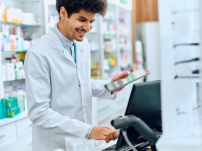 A male pharmacist typing on a computer while holding a tablet.
