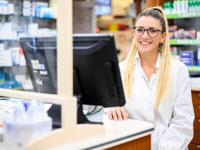 A young pharmacist in front of a computer at a pharmacy.