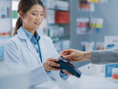 A female pharmacist taking a contactless payment from a customer.