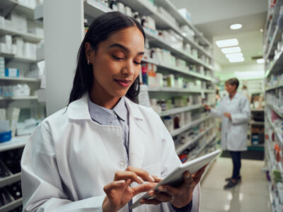 Female pharmacist looking at tablet with the pharmacy in the background.