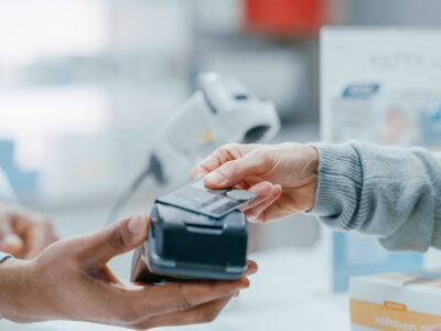 A young woman making a contactless payment at a pharmacy.