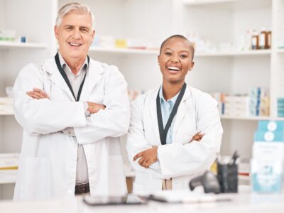 A male and female pharmacist with crossed arms smiling at the pharmacy.