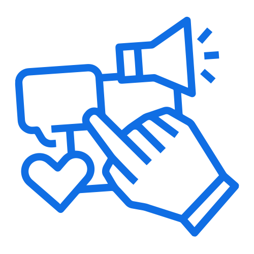 Icon of a hand tapping on a quote box, heart and speaker.